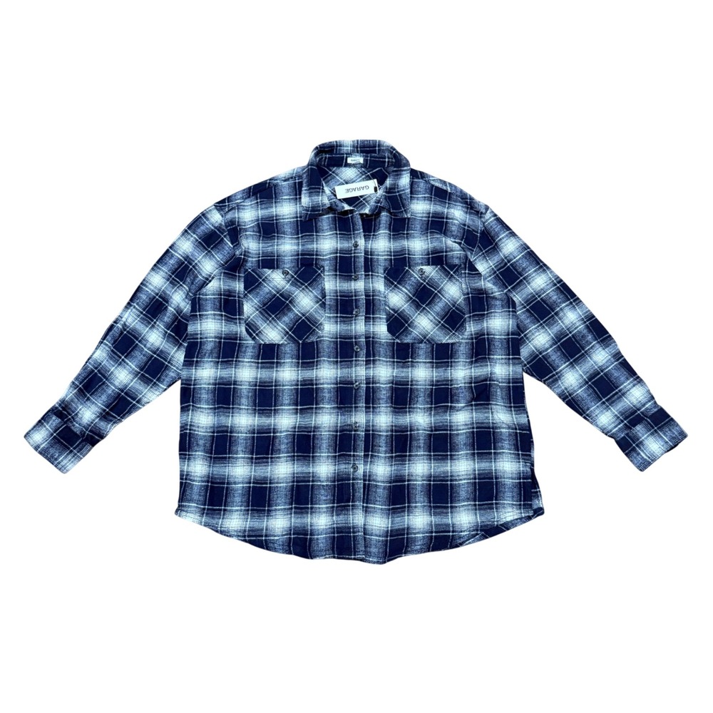 Garage Navy Blue White Plaid Oversized Flannel Shirt Cotton Button Down M/L NWT